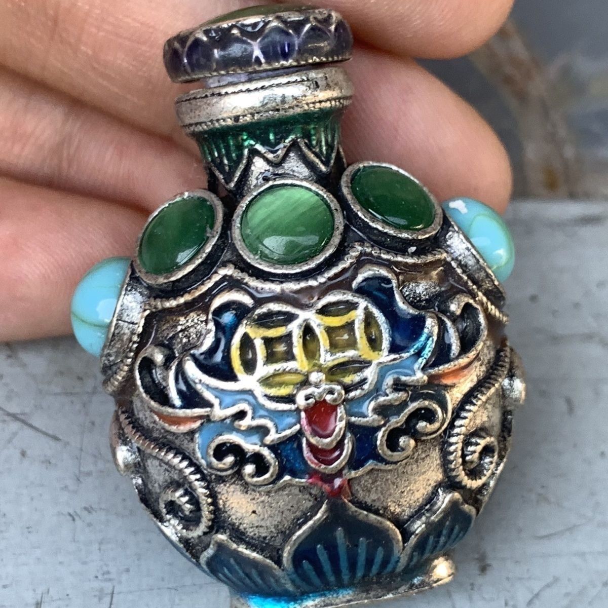 Vintage Collectible Bottles - Antyczna brązowa tabakierka cloisonné, mini przenośny